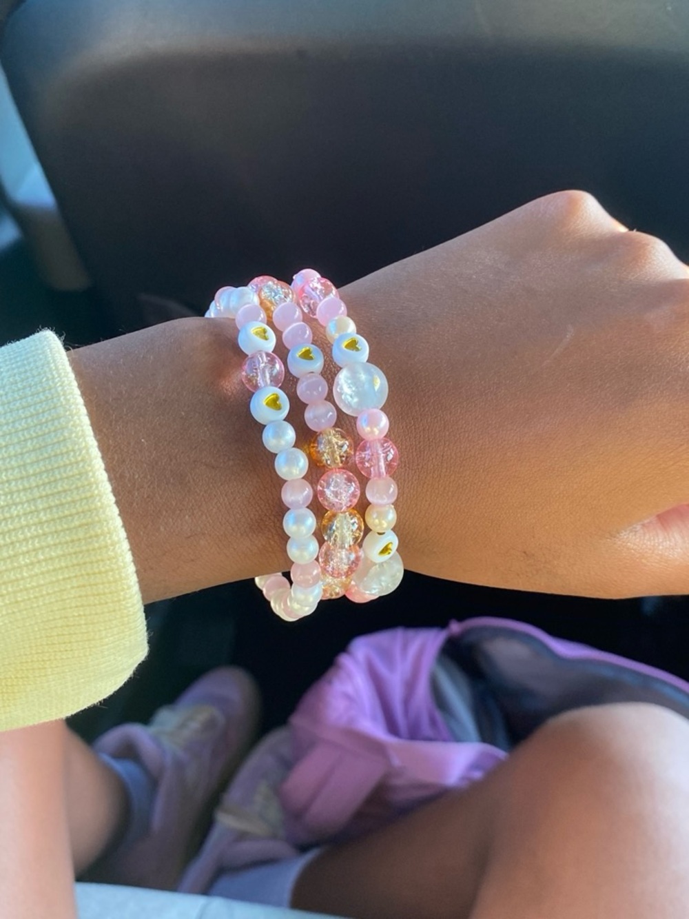 Handmade Pink and White Beaded Stretch Bracelet Set